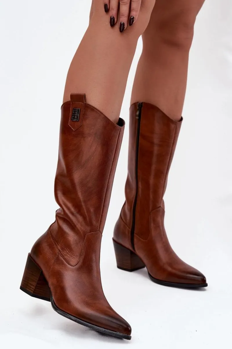 Zazoo Skórzane Kozaki Kowbojki Na Obcasie Ocieplane 70155 Brązowe Brązowy