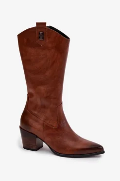 Zazoo Skórzane Kozaki Kowbojki Na Obcasie Ocieplane 70155 Brązowe Brązowy