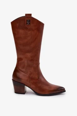 Zazoo Skórzane Kozaki Kowbojki Na Obcasie Ocieplane 70155 Brązowe Brązowy