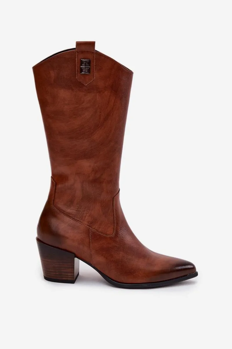 Zazoo Skórzane Kozaki Kowbojki Na Obcasie Ocieplane 70155 Brązowe Brązowy