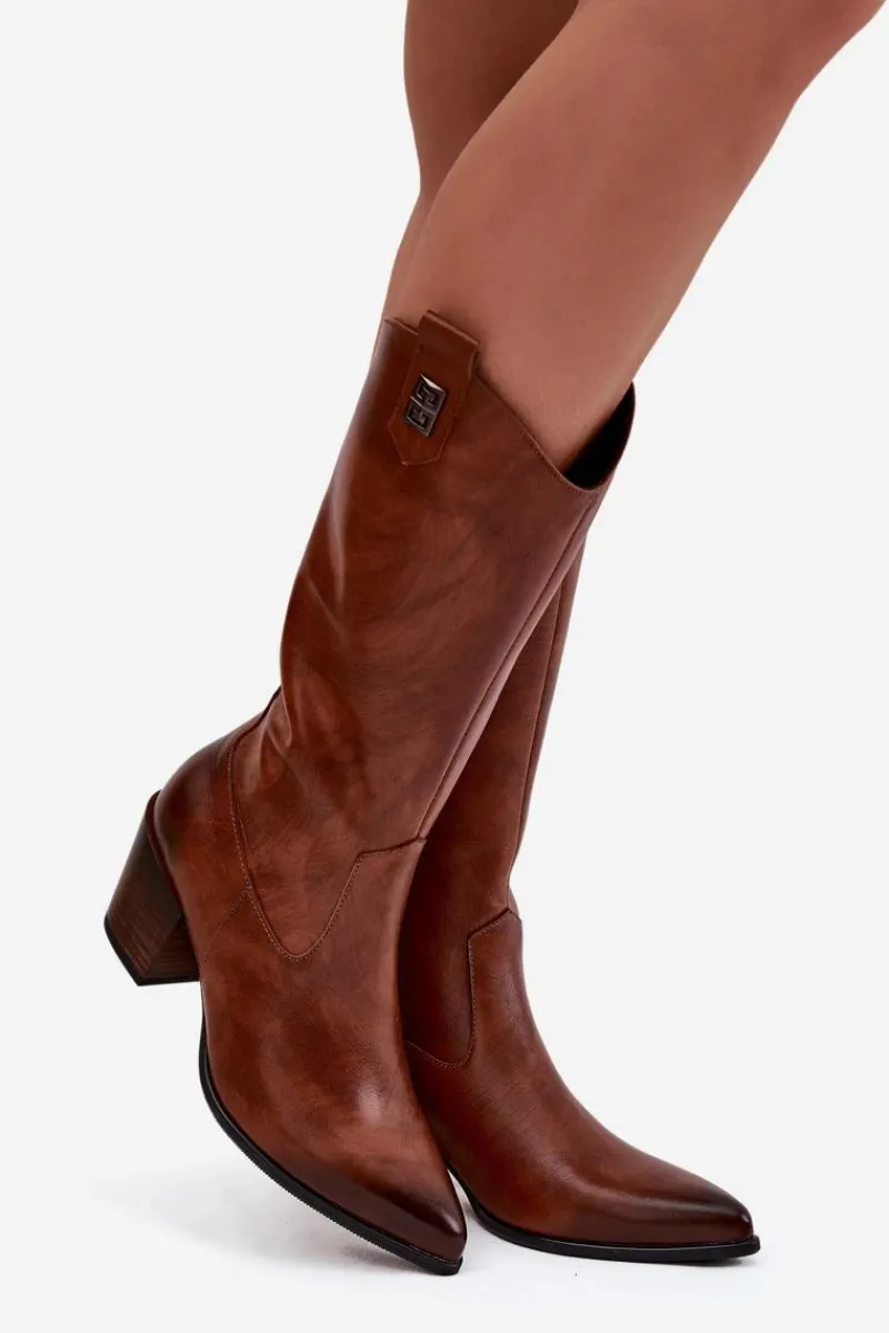 Zazoo Skórzane Kozaki Kowbojki Na Obcasie Ocieplane 70155 Brązowe Brązowy