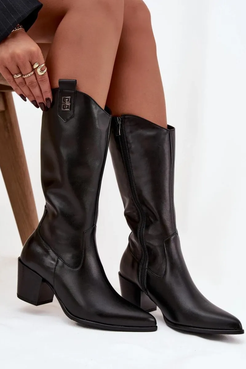 Kozaki Ocieplane|Kozaki Na Słupku>Zazoo Skórzane Kozaki Kowbojki Na Obcasie Ocieplane 70155 Czarne Czarny