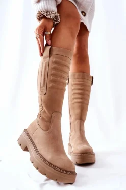 New Maciejka Skórzane Kozaki Beżowe 05277-04