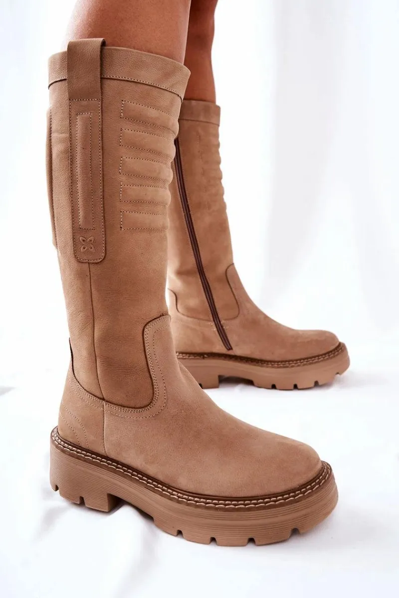 New Maciejka Skórzane Kozaki Beżowe 05277-04