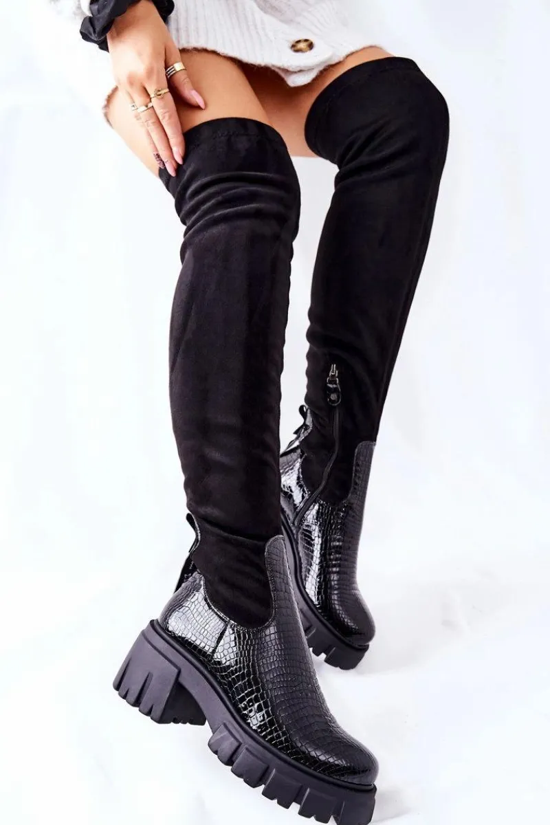 Online Skórzane Kozaki Krokodyl Czarne 05260-01 Damskie Kozaki Wiosenne|Kozaki Na Obcasie