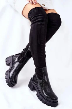 Online Skórzane Kozaki Krokodyl Czarne 05260-01 Damskie Kozaki Wiosenne|Kozaki Na Obcasie