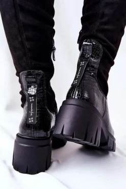 Online Skórzane Kozaki Krokodyl Czarne 05260-01 Damskie Kozaki Wiosenne|Kozaki Na Obcasie