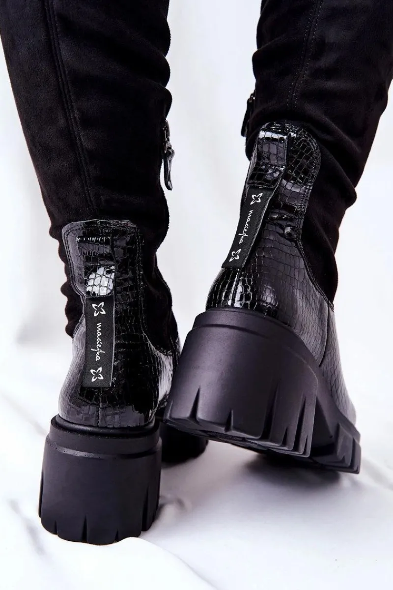 Online Skórzane Kozaki Krokodyl Czarne 05260-01 Damskie Kozaki Wiosenne|Kozaki Na Obcasie