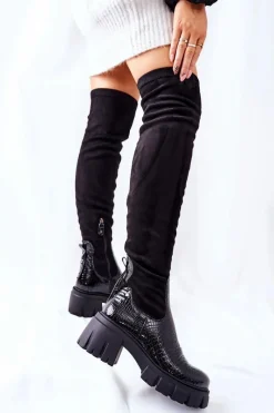 Online Skórzane Kozaki Krokodyl Czarne 05260-01 Damskie Kozaki Wiosenne|Kozaki Na Obcasie