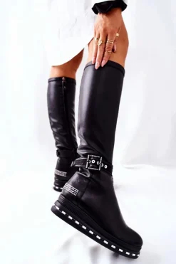 Skórzane Kozaki Na Platformie Czarne 05293-01 Damskie Kozaki Ocieplane|Kozaki Płaskie