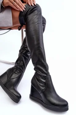 Muszkieterki|Kozaki Na Koturnie></noscript>Boto Skórzane Kozaki Muszkieterki Na Koturnie Czarne Ambre