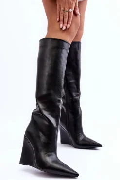 Best Boto Skórzane Kozaki Na Koturnie Czarne Delinn