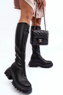 Kozaki Płaskie|Kozaki Przed Kolano>Boto Skórzane Kozaki Na Masywnej Platformie Z Suwakiem Czarne Ringo