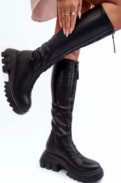 Kozaki Płaskie|Kozaki Przed Kolano>Boto Skórzane Kozaki Na Masywnej Platformie Z Suwakiem Czarne Ringo
