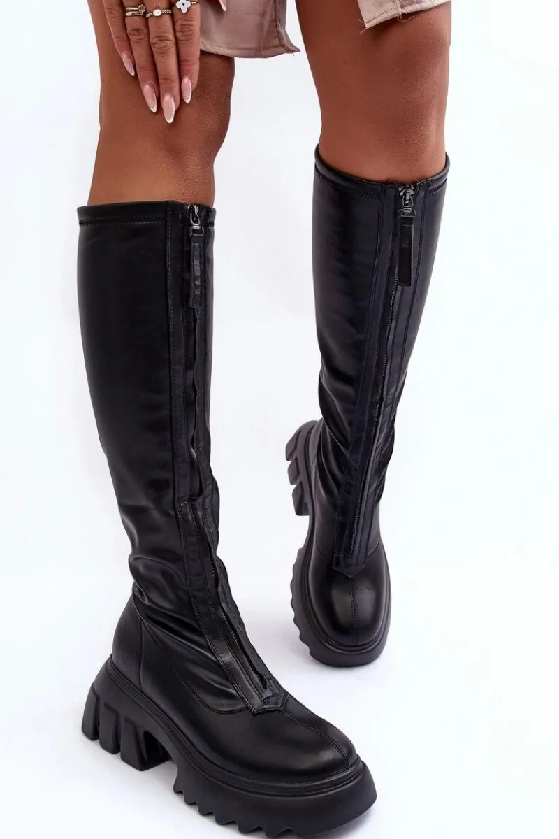 Kozaki Płaskie|Kozaki Przed Kolano>Boto Skórzane Kozaki Na Masywnej Platformie Z Suwakiem Czarne Ringo