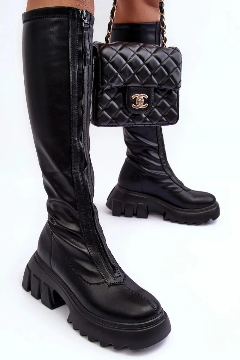 Kozaki Płaskie|Kozaki Przed Kolano>Boto Skórzane Kozaki Na Masywnej Platformie Z Suwakiem Czarne Ringo