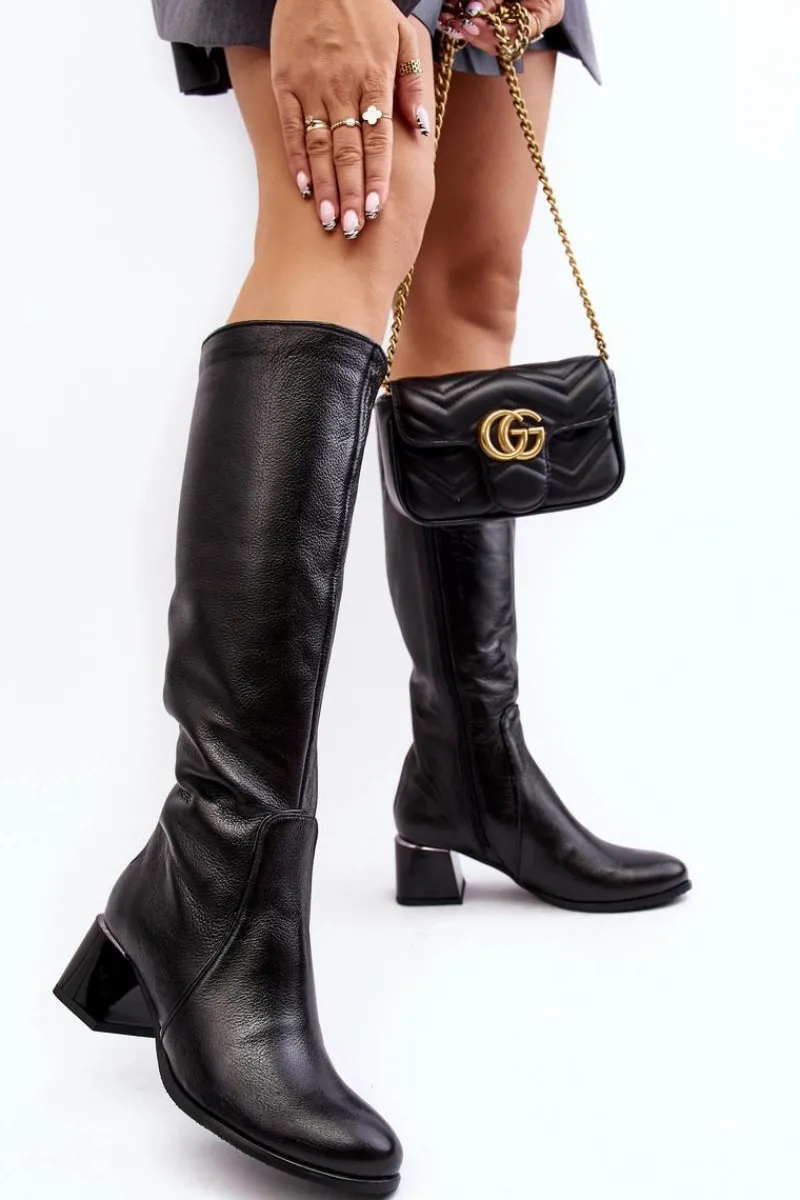 Skórzane Kozaki Na Niskim Obcasie Przed Kolano Czarne Cersaina Damskie Kozaki Na Obcasie|Kozaki Zamszowe