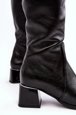 Skórzane Kozaki Na Niskim Obcasie Przed Kolano Czarne Cersaina Damskie Kozaki Na Obcasie|Kozaki Zamszowe