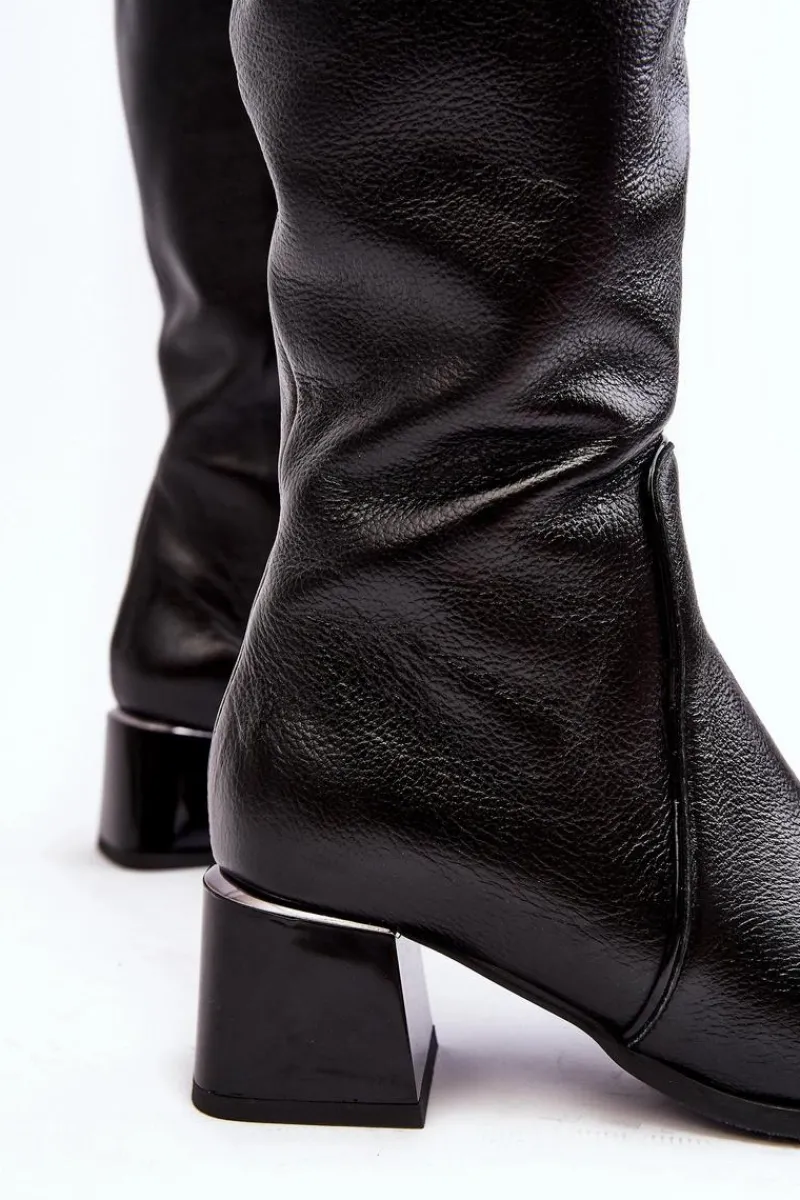 Skórzane Kozaki Na Niskim Obcasie Przed Kolano Czarne Cersaina Damskie Kozaki Na Obcasie|Kozaki Zamszowe