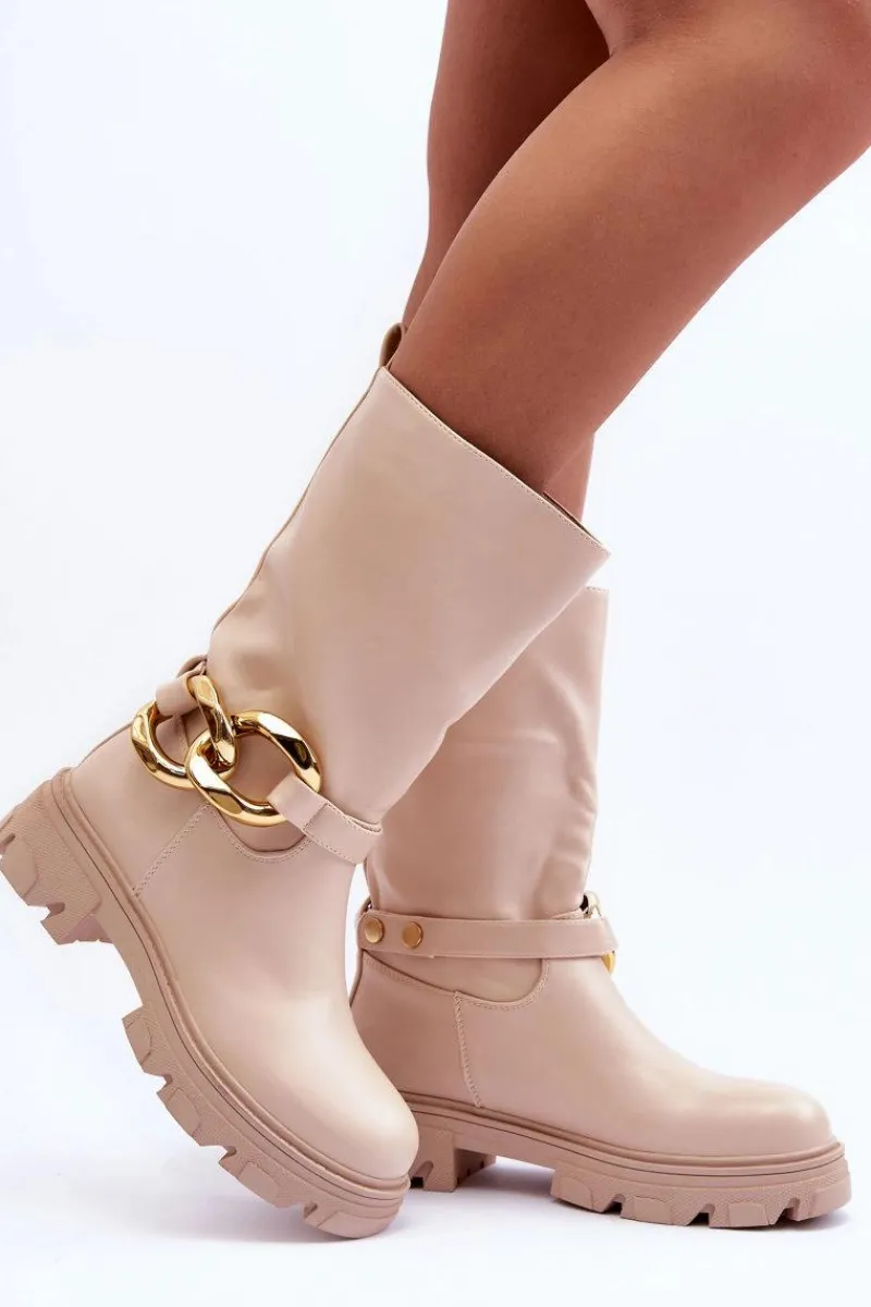 Outlet Boto Skórzane Kozaki Na Płaskim Obcasie Beżowe Diominna