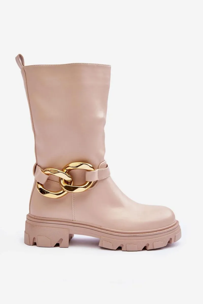 Outlet Boto Skórzane Kozaki Na Płaskim Obcasie Beżowe Diominna