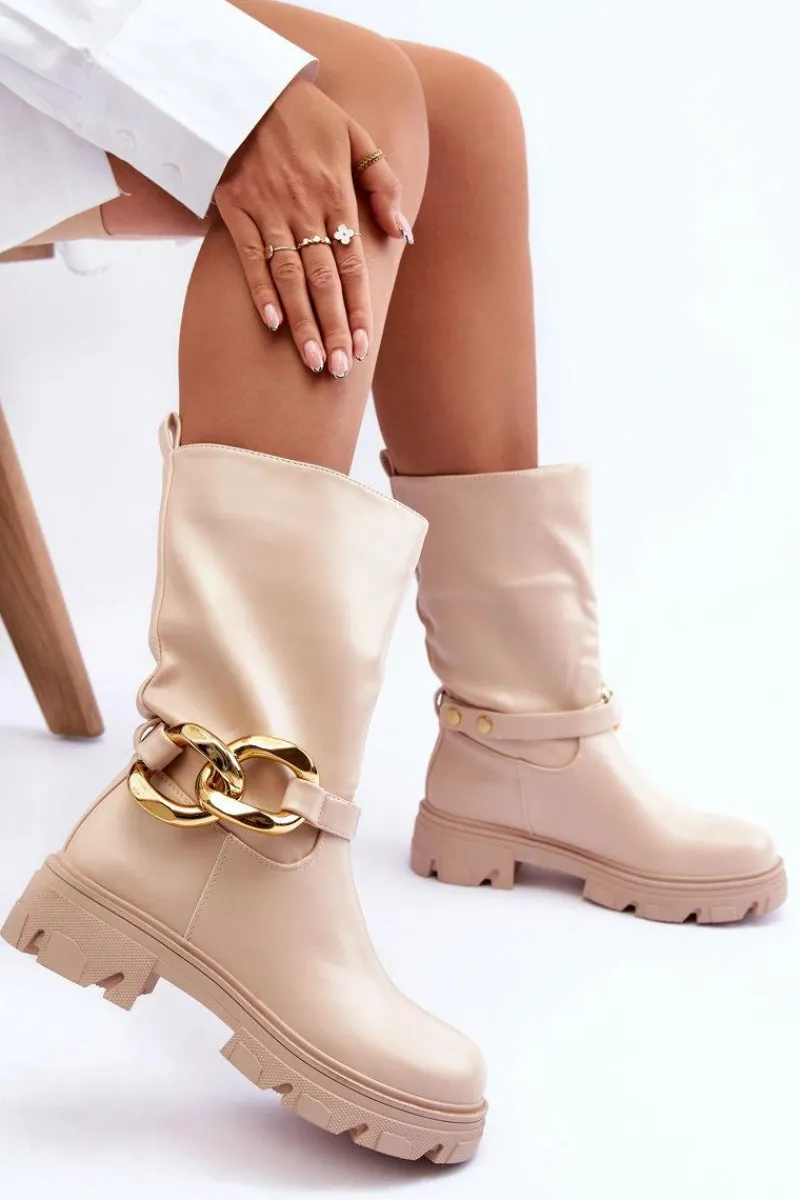 Outlet Boto Skórzane Kozaki Na Płaskim Obcasie Beżowe Diominna