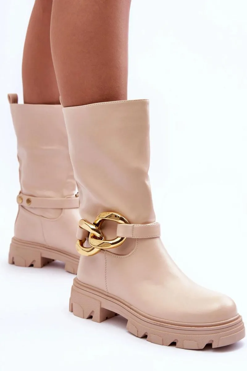 Outlet Boto Skórzane Kozaki Na Płaskim Obcasie Beżowe Diominna