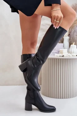 Best Skórzane Kozaki Na Słupku Przed Kolano Ocieplane Sergio Leone KZ231-S Czarne Damskie Kozaki Przed Kolano|Kozaki Na Obcasie