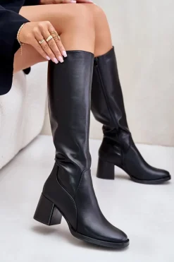 Best Skórzane Kozaki Na Słupku Przed Kolano Ocieplane Sergio Leone KZ231-S Czarne Damskie Kozaki Przed Kolano|Kozaki Na Obcasie