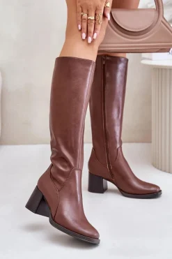 New Buty Sergio Leone Skórzane Kozaki Na Słupku Przed Kolano Ocieplane Sergio Leone KZ231-S Brązowe