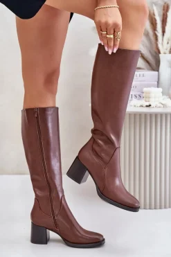 New Buty Sergio Leone Skórzane Kozaki Na Słupku Przed Kolano Ocieplane Sergio Leone KZ231-S Brązowe