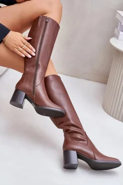 New Buty Sergio Leone Skórzane Kozaki Na Słupku Przed Kolano Ocieplane Sergio Leone KZ231-S Brązowe