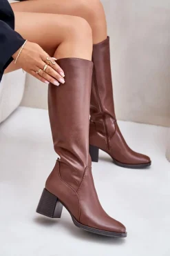 New Buty Sergio Leone Skórzane Kozaki Na Słupku Przed Kolano Ocieplane Sergio Leone KZ231-S Brązowe