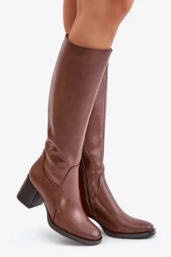 New Buty Sergio Leone Skórzane Kozaki Na Słupku Przed Kolano Ocieplane Sergio Leone KZ231-S Brązowe