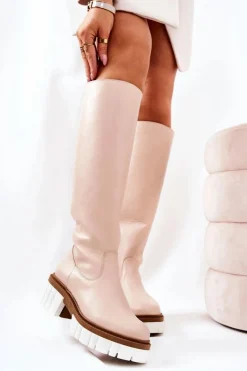 Outlet Boto Skórzane Kozaki Na Suwak Beżowe Nellis