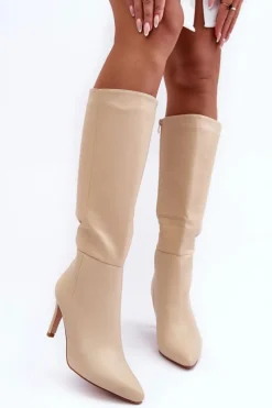 Best Skórzane Kozaki Na Szpilce Przed Kolano Beżowe Serpens Damskie Kozaki Wiosenne|Kozaki Przed Kolano