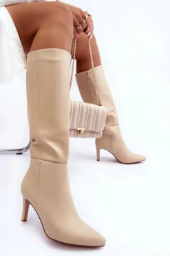 Best Skórzane Kozaki Na Szpilce Przed Kolano Beżowe Serpens Damskie Kozaki Wiosenne|Kozaki Przed Kolano