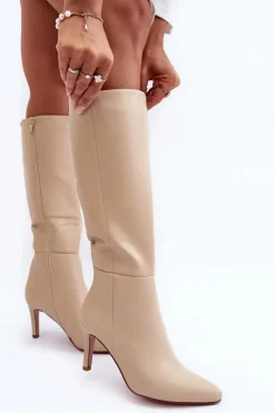 Best Skórzane Kozaki Na Szpilce Przed Kolano Beżowe Serpens Damskie Kozaki Wiosenne|Kozaki Przed Kolano
