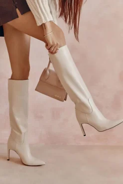 Kozaki Przed Kolano|Kozaki Na Obcasie>Boto Skórzane Kozaki Na Szpilce Beżowe Rissa