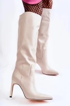 Kozaki Przed Kolano|Kozaki Na Obcasie></noscript>Boto Skórzane Kozaki Na Szpilce Beżowe Rissa