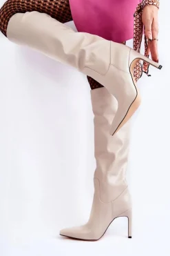 Kozaki Przed Kolano|Kozaki Na Obcasie></noscript>Boto Skórzane Kozaki Na Szpilce Beżowe Rissa