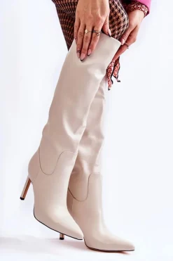 Kozaki Przed Kolano|Kozaki Na Obcasie></noscript>Boto Skórzane Kozaki Na Szpilce Beżowe Rissa