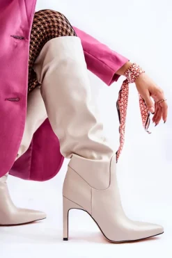 Kozaki Przed Kolano|Kozaki Na Obcasie></noscript>Boto Skórzane Kozaki Na Szpilce Beżowe Rissa