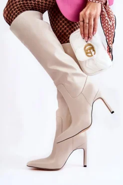 Kozaki Przed Kolano|Kozaki Na Obcasie></noscript>Boto Skórzane Kozaki Na Szpilce Beżowe Rissa