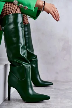 Hot Skórzane Kozaki Na Szpilce Zielone Rissa Damskie Kozaki Przed Kolano|Kozaki Na Obcasie