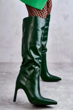Hot Skórzane Kozaki Na Szpilce Zielone Rissa Damskie Kozaki Przed Kolano|Kozaki Na Obcasie