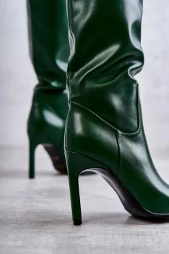 Hot Skórzane Kozaki Na Szpilce Zielone Rissa Damskie Kozaki Przed Kolano|Kozaki Na Obcasie