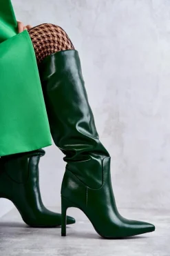 Hot Skórzane Kozaki Na Szpilce Zielone Rissa Damskie Kozaki Przed Kolano|Kozaki Na Obcasie