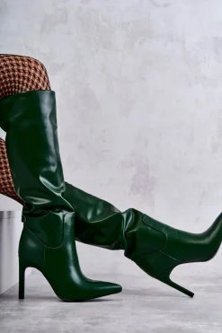 Hot Skórzane Kozaki Na Szpilce Zielone Rissa Damskie Kozaki Przed Kolano|Kozaki Na Obcasie