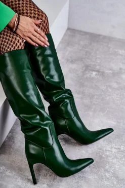 Hot Skórzane Kozaki Na Szpilce Zielone Rissa Damskie Kozaki Przed Kolano|Kozaki Na Obcasie